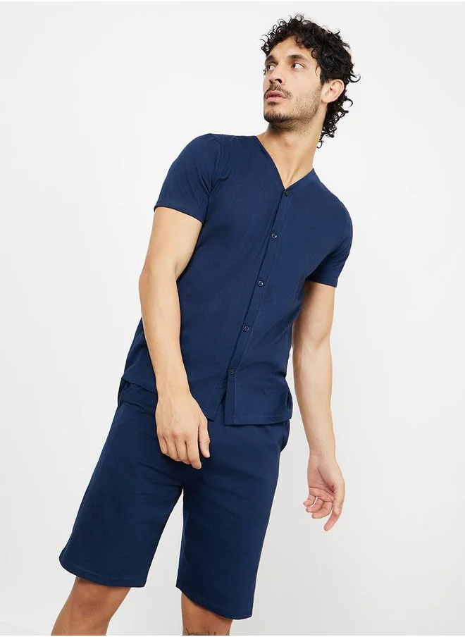ستايلي Solid Knit Shirt & Shorts Nightwear Set