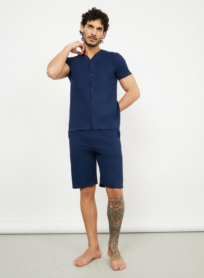 Styli Solid Knit Shirt & Shorts Nightwear Set - Image 1