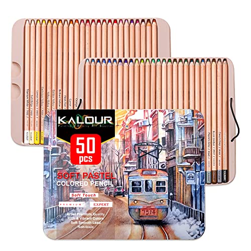 KALOUR أقلام تلوين طباشيرية باستيل كالوور برو، مجموعة من 50 لون، أقلام فحم ملونة للرسم والتخطيط والتظليل، مستلزمات فنية للفنانين البالغين - Image 2