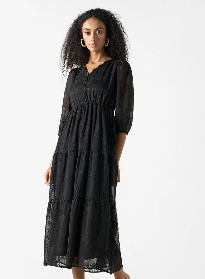 2Xtremz 2Xtremz Embroidered V-neck A-line Midi Dress with Puff Sleeves