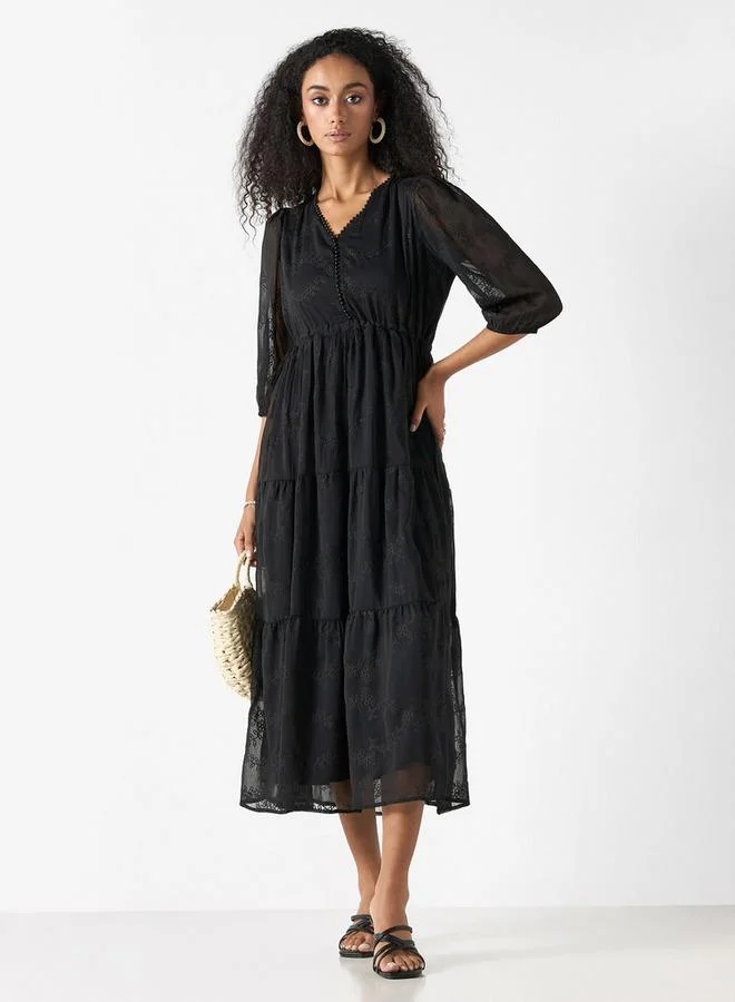 2Xtremz 2Xtremz Embroidered V-neck A-line Midi Dress with Puff Sleeves