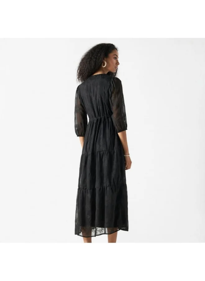 2Xtremz 2Xtremz Embroidered V-neck A-line Midi Dress with Puff Sleeves