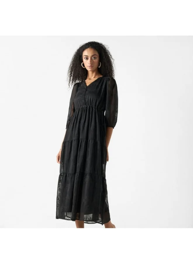 2Xtremz 2Xtremz Embroidered V-neck A-line Midi Dress with Puff Sleeves