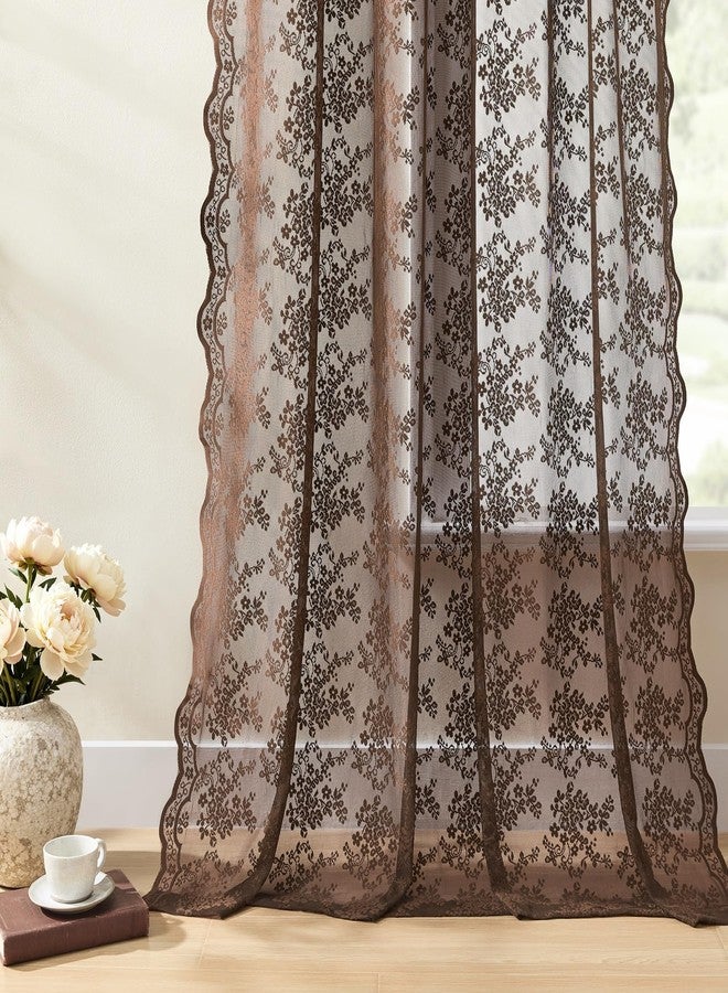 YJ YANJUN Brown Lace Curtains 63 Inch Length - Rustic Farmhouse Sheer Panels, Vintage Floral Curtains for Bedroom Living Room Bay Window, Light-Filtering Rod Pocket W52 X L63 Set of 2 Espresso - Image 3