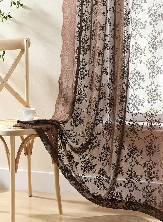 YJ YANJUN Brown Lace Curtains 63 Inch Length - Rustic Farmhouse Sheer Panels, Vintage Floral Curtains for Bedroom Living Room Bay Window, Light-Filtering Rod Pocket W52 X L63 Set of 2 Espresso - Image 4