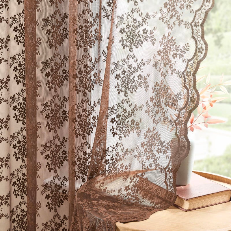YJ YANJUN Brown Lace Curtains 63 Inch Length - Rustic Farmhouse Sheer Panels, Vintage Floral Curtains for Bedroom Living Room Bay Window, Light-Filtering Rod Pocket W52 X L63 Set of 2 Espresso - Image 1