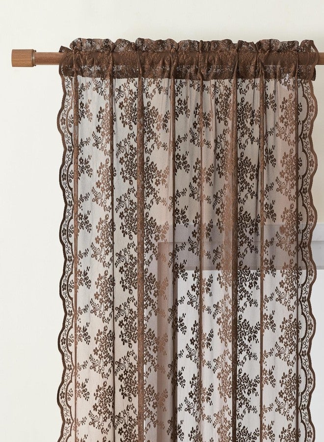 YJ YANJUN Brown Lace Curtains 63 Inch Length - Rustic Farmhouse Sheer Panels, Vintage Floral Curtains for Bedroom Living Room Bay Window, Light-Filtering Rod Pocket W52 X L63 Set of 2 Espresso - Image 2