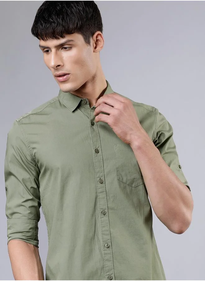 هاي لاندر Solid Cotton Slim Fit Shirt with Pocket