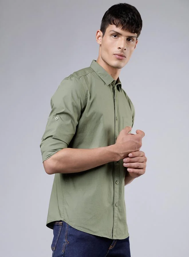 HIGHLANDER Solid Cotton Slim Fit Shirt with Pocket by Styli