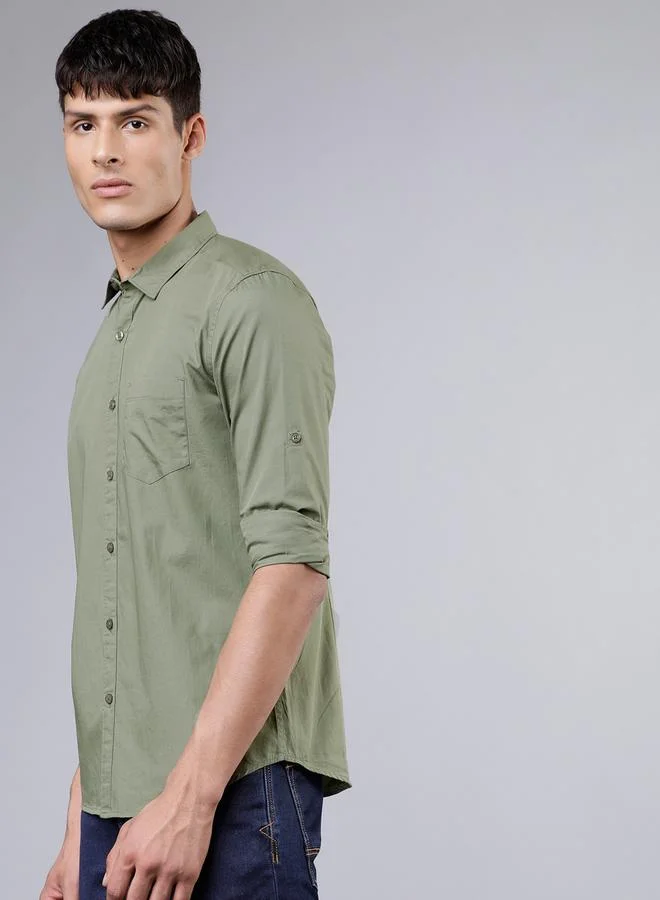 HIGHLANDER Solid Cotton Slim Fit Shirt with Pocket by Styli