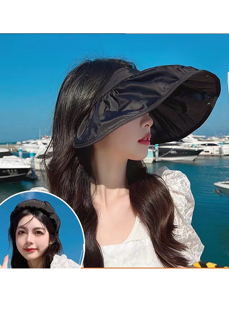 قبعة شمس، قبعات الشمس للنساء، قبعة شمسية نسائية واقية من الشمس بدرجة UPF50+، قبعة شمسية واقية من الشمس فوق البنفسجية، مقاس قابل للتعديل، قبعة شمسية للوجه مغطاة ومخصصة للأنشطة الخارجية، أسود - Image 2