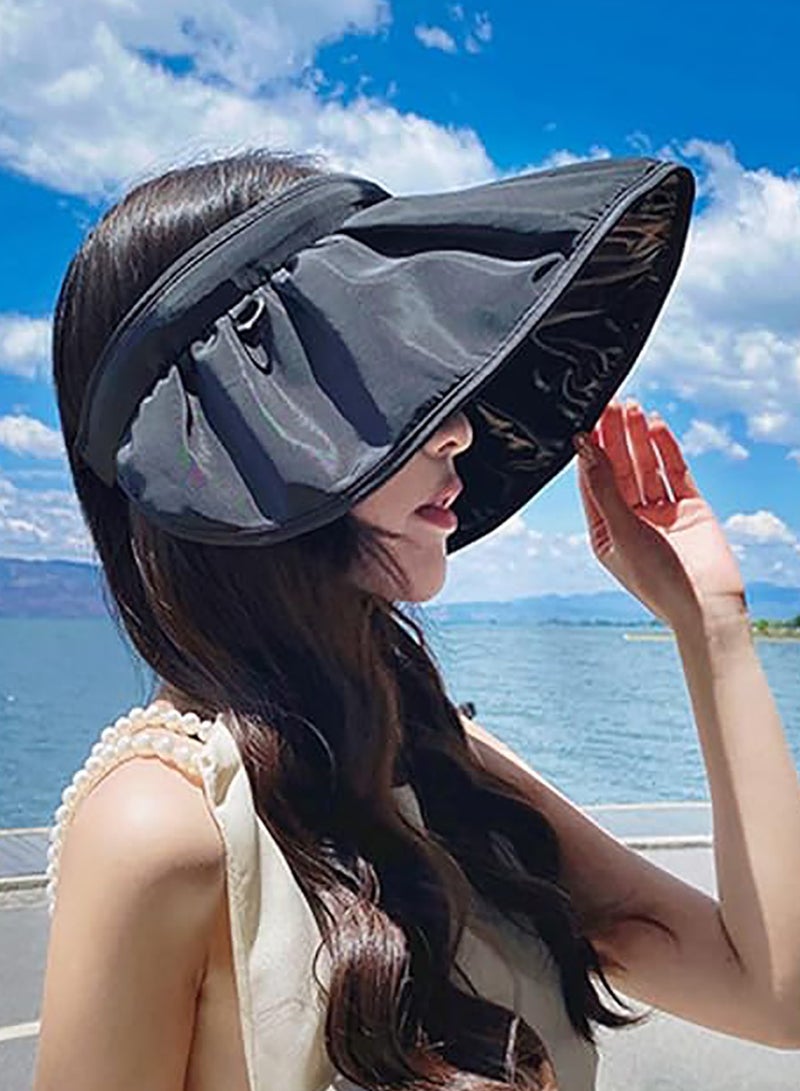 قبعة شمس، قبعات الشمس للنساء، قبعة شمسية نسائية واقية من الشمس بدرجة UPF50+، قبعة شمسية واقية من الشمس فوق البنفسجية، مقاس قابل للتعديل، قبعة شمسية للوجه مغطاة ومخصصة للأنشطة الخارجية، أسود - Image 3