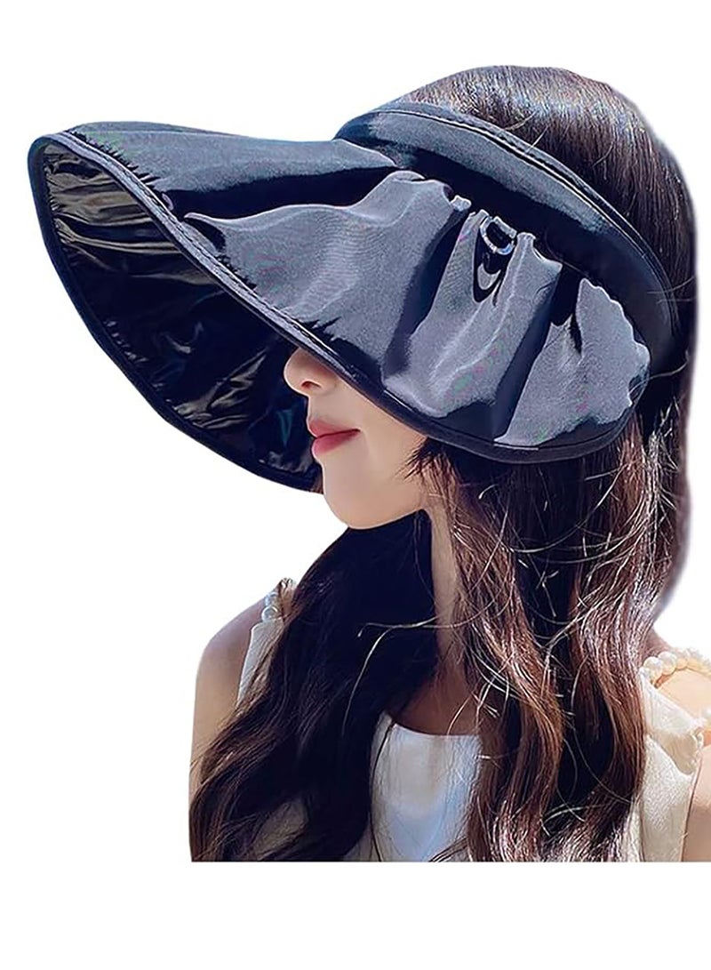 قبعة شمس، قبعات الشمس للنساء، قبعة شمسية نسائية واقية من الشمس بدرجة UPF50+، قبعة شمسية واقية من الشمس فوق البنفسجية، مقاس قابل للتعديل، قبعة شمسية للوجه مغطاة ومخصصة للأنشطة الخارجية، أسود - Image 1
