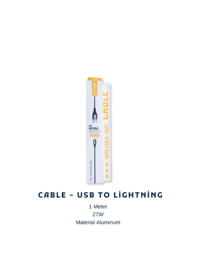 كابل شحن سريع من نوع USB-A إلى Lightning من Markety بطول 1 متر - بقدرة 27 واط، بتصميم متين من الألومنيوم، متوافق مع أجهزة iPhone و iPad وأجهزة Apple. - Image 1