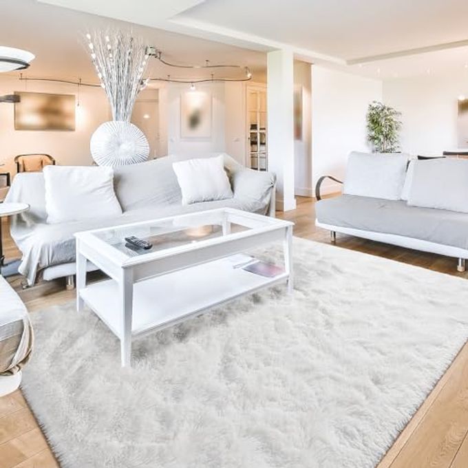 WHITE FLUFFY AREA RUG FOR LIVING ROOM 5X8 FT SHAG THROW RUGS SOFT MACHINE WASHABLE PLUSH CARPET WITH NON SLIP BACKING FOR GIRLS KIDS ROOM BEDROOM FLOOR DECORATION