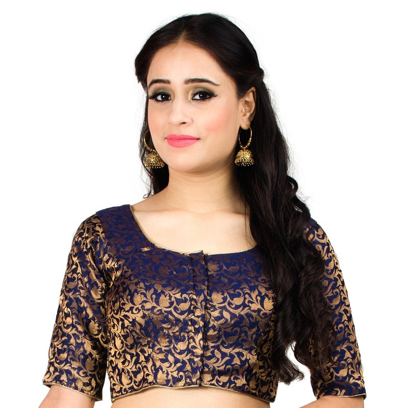 Chandrakala Banarasi Blouses for Women Sarees,Readymade, Navy Blue,Small (B214NAV2) - Image 1