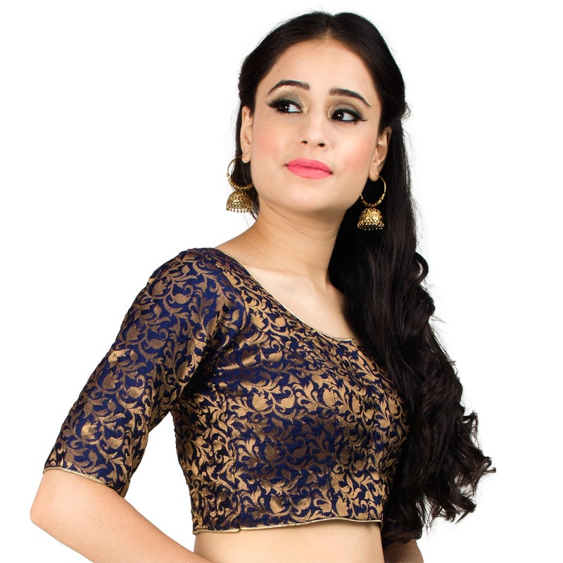 Chandrakala Banarasi Blouses for Women Sarees,Readymade, Navy Blue,Small (B214NAV2) - Image 2