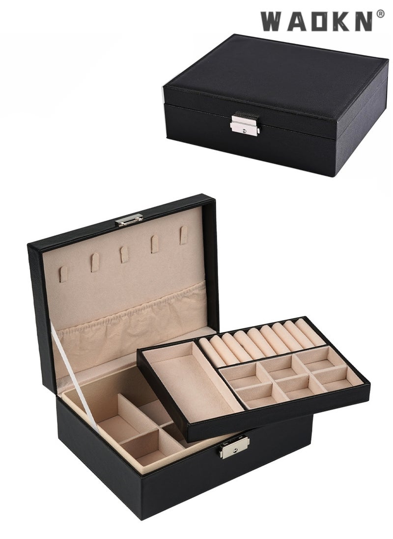 WAOKN Universal Jewelry Box for Men and Women 2-layer Large Jewelry Storage Box with Lock Necklace Bracelet Earring Ring Jewelry Storage Box , Jewelry Holder for Earring Ring Necklace Gifts for Women  - Image 1