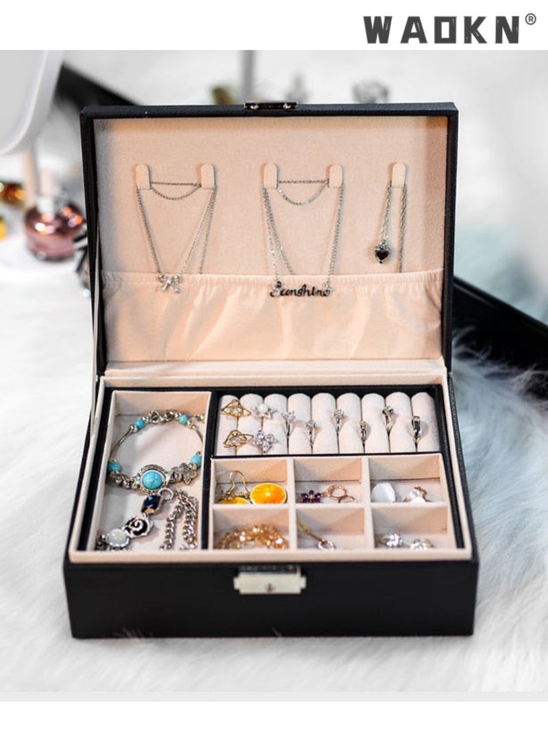 WAOKN Universal Jewelry Box for Men and Women 2-layer Large Jewelry Storage Box with Lock Necklace Bracelet Earring Ring Jewelry Storage Box , Jewelry Holder for Earring Ring Necklace Gifts for Women  - Image 5