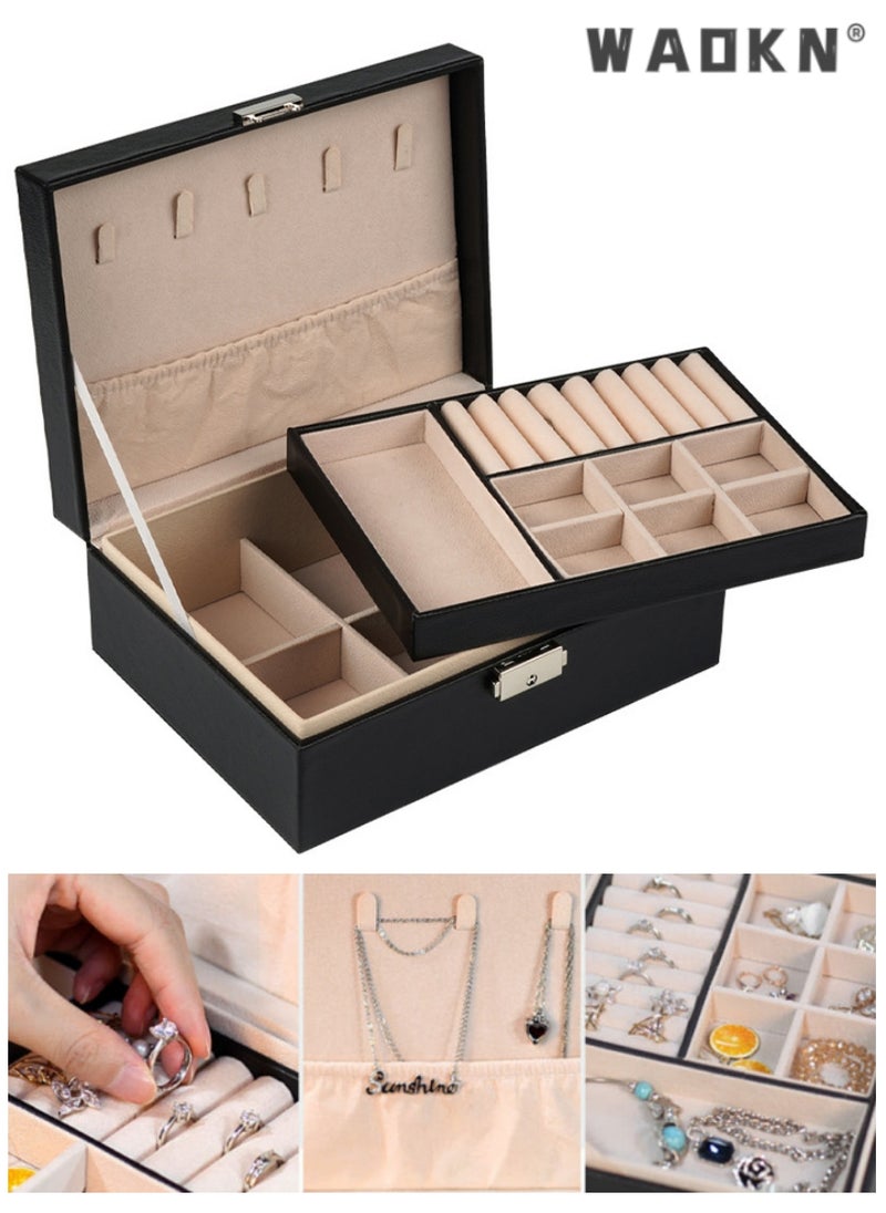 WAOKN Universal Jewelry Box for Men and Women 2-layer Large Jewelry Storage Box with Lock Necklace Bracelet Earring Ring Jewelry Storage Box , Jewelry Holder for Earring Ring Necklace Gifts for Women  - Image 2