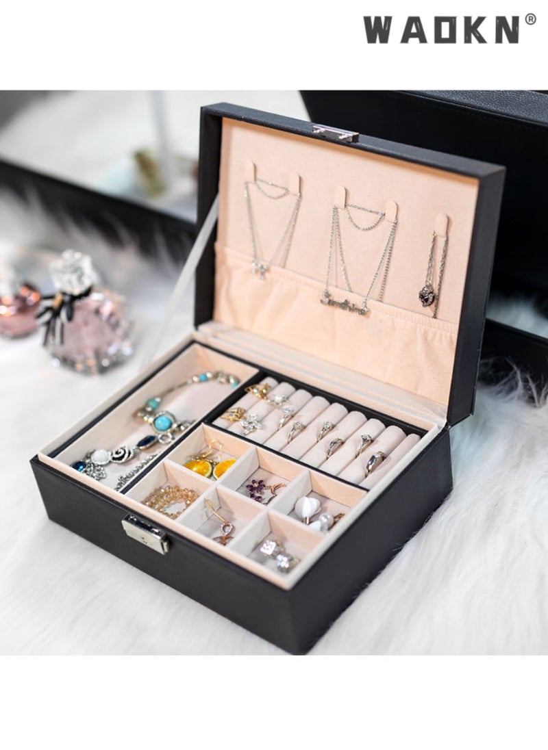 WAOKN Universal Jewelry Box for Men and Women 2-layer Large Jewelry Storage Box with Lock Necklace Bracelet Earring Ring Jewelry Storage Box , Jewelry Holder for Earring Ring Necklace Gifts for Women  - Image 4