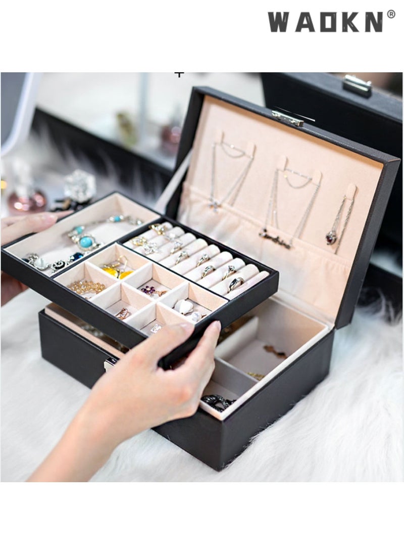 WAOKN Universal Jewelry Box for Men and Women 2-layer Large Jewelry Storage Box with Lock Necklace Bracelet Earring Ring Jewelry Storage Box , Jewelry Holder for Earring Ring Necklace Gifts for Women  - Image 3