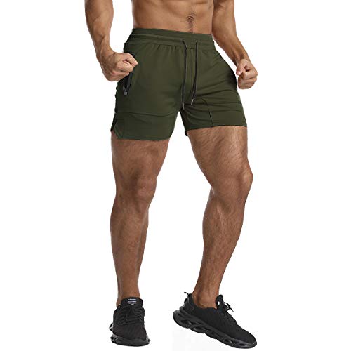 EVERWORTH Men's Solid Gym Workout Shorts Bodybuilding Running Fitted Training Jogging Short Pants with Zipper Pocket Green XL - Image 2