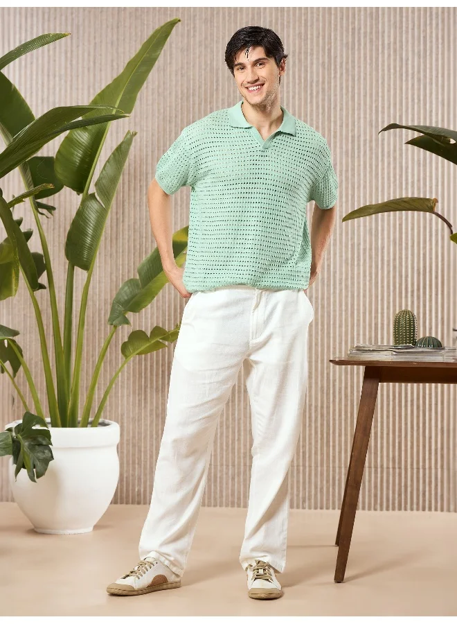 Beyoung Mist Green Flat Knit Cotton Polo T-Shirt For Men