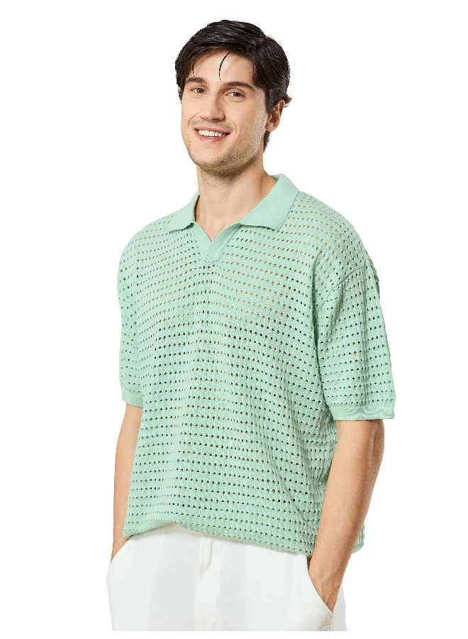 Beyoung Mist Green Flat Knit Cotton Polo T-Shirt For Men