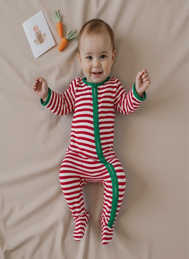 BULINGNA Newborn Baby Girl Boy My First Christmas Outfit Long Sleeve Letters Print Footies Jumpsuit with Zipper Fall Outfit (Red Stripe, 6-12 Months) - Image 2