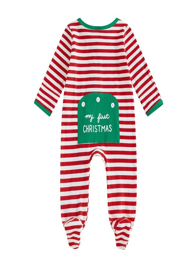 BULINGNA Newborn Baby Girl Boy My First Christmas Outfit Long Sleeve Letters Print Footies Jumpsuit with Zipper Fall Outfit (Red Stripe, 6-12 Months) - Image 1
