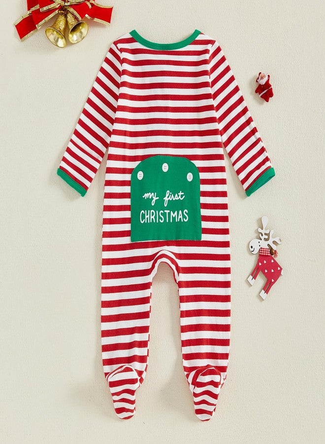 BULINGNA Newborn Baby Girl Boy My First Christmas Outfit Long Sleeve Letters Print Footies Jumpsuit with Zipper Fall Outfit (Red Stripe, 6-12 Months) - Image 5