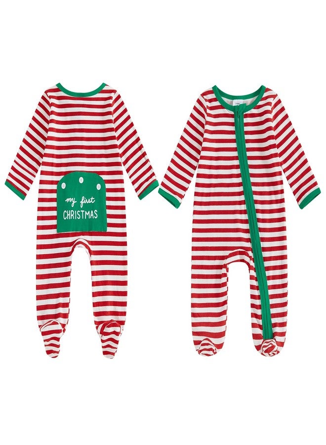 BULINGNA Newborn Baby Girl Boy My First Christmas Outfit Long Sleeve Letters Print Footies Jumpsuit with Zipper Fall Outfit (Red Stripe, 6-12 Months) - Image 3