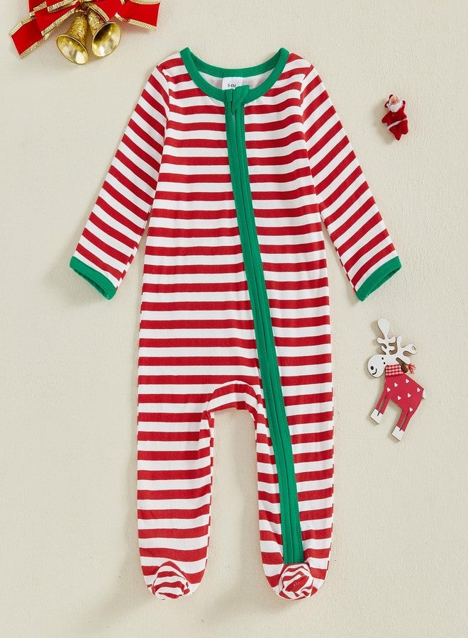 BULINGNA Newborn Baby Girl Boy My First Christmas Outfit Long Sleeve Letters Print Footies Jumpsuit with Zipper Fall Outfit (Red Stripe, 6-12 Months) - Image 4