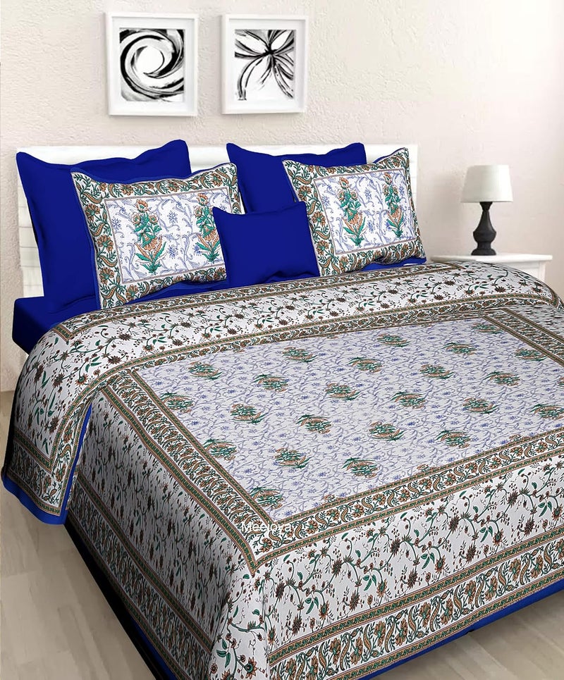 Meejoya 100 Cotton Rajasthani Jaipuri Traditional King Size Double Bed Bedsheet with 2 Pillow Covers Multi14 - Image 1