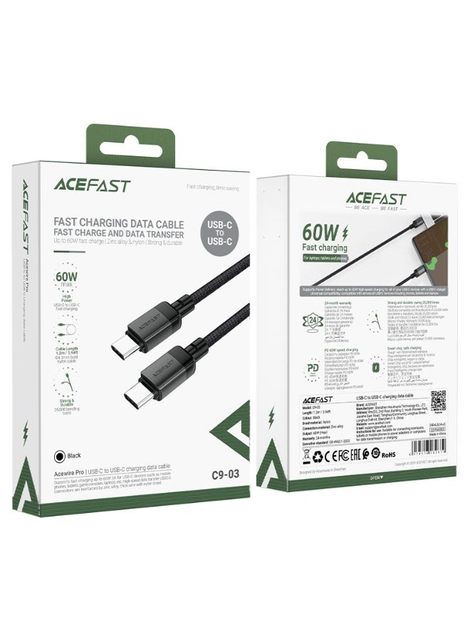 أسيفاست كابل شحن وبيانات C9-03 USB-C إلى USB-C، توصيل طاقة عالي السرعة 60 واط، شحن سريع، طول 1.2 متر، تصميم مضفر من النايلون - أسود - Image 4