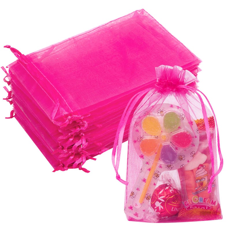 Crweety 50 Pcs Hot Pink Organza Bags, 4x6 Inch Small Mesh Bags Drawstring Jewelry Pouch Bag Gift Bag Bulk for Valentine Gifts Wedding Party Favor - Image 1
