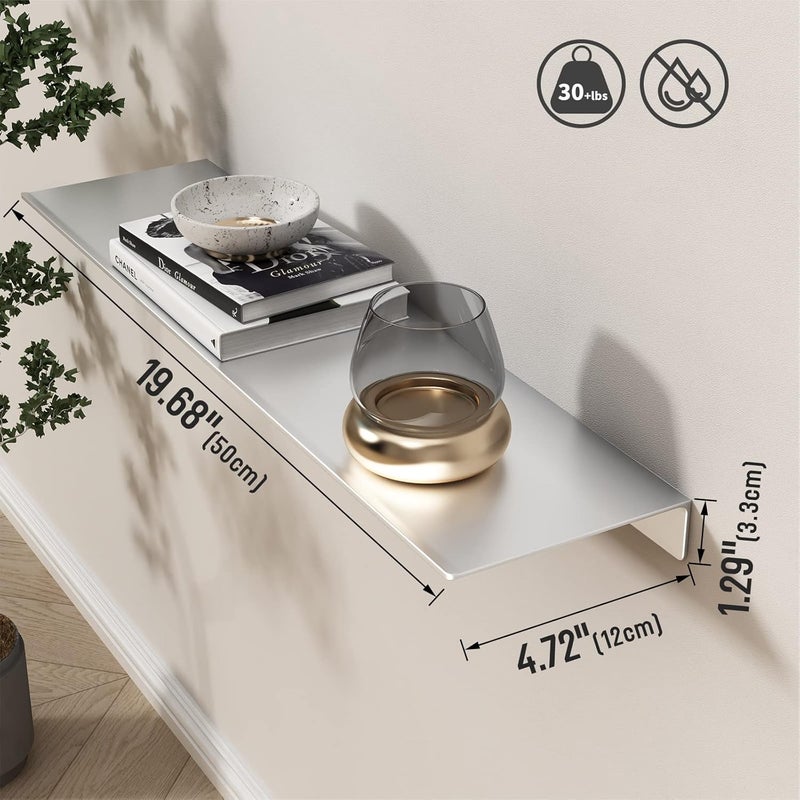 Danpoo Adhesive Floating Shelf for Wall Storage, Metal Wall Shelf for Bathroom/Living Room/Kitchen/Bedroom, 20" Long Display Shelf for Collectibles, Silver - Image 3