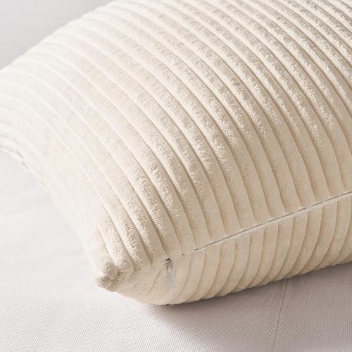 Topfinel 4 Packs Neutral Decorative Throw Pillows Covers 16x16 Inch for Living Room Couch Bed Sofa Rustic Farmhouse Boho Neutral Home Decor Soft Plush Striped Corduroy Square Cushion Case 40x40 cm - Image 3