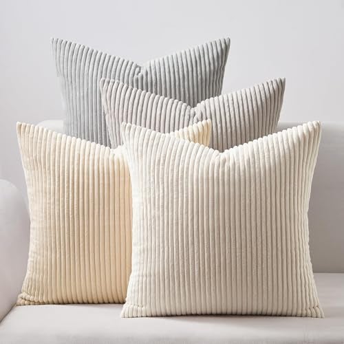 Topfinel 4 Packs Neutral Decorative Throw Pillows Covers 16x16 Inch for Living Room Couch Bed Sofa Rustic Farmhouse Boho Neutral Home Decor Soft Plush Striped Corduroy Square Cushion Case 40x40 cm - Image 1