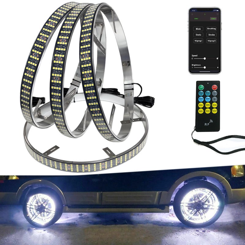 NBWDY New 17in Quad Row White Wheel Ring Lights with App RF Remote Control 1248LEDs Waterproof IP68 Pure White Rim Tire Wheel Well Lights for Truck Car SUV Pickup