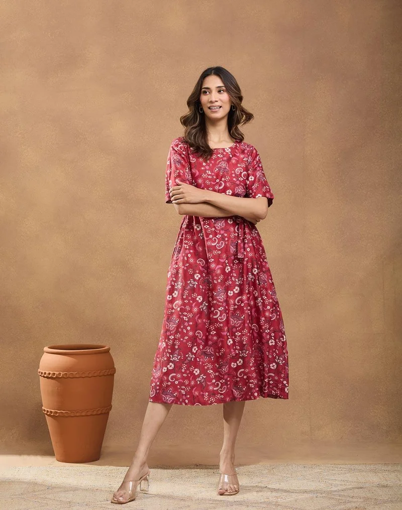 Fabindia Red Cotton Silk Midi Dress