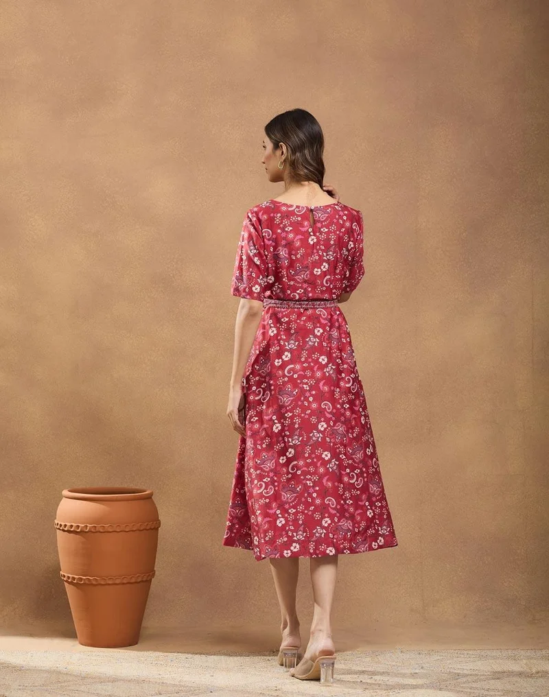 Fabindia  Red Cotton Silk Midi Dress for Women | Best Price UAE