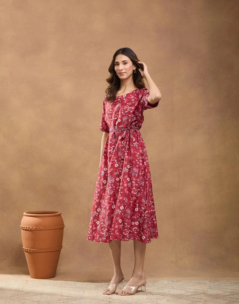 Fabindia  Red Cotton Silk Midi Dress for Women | Best Price UAE