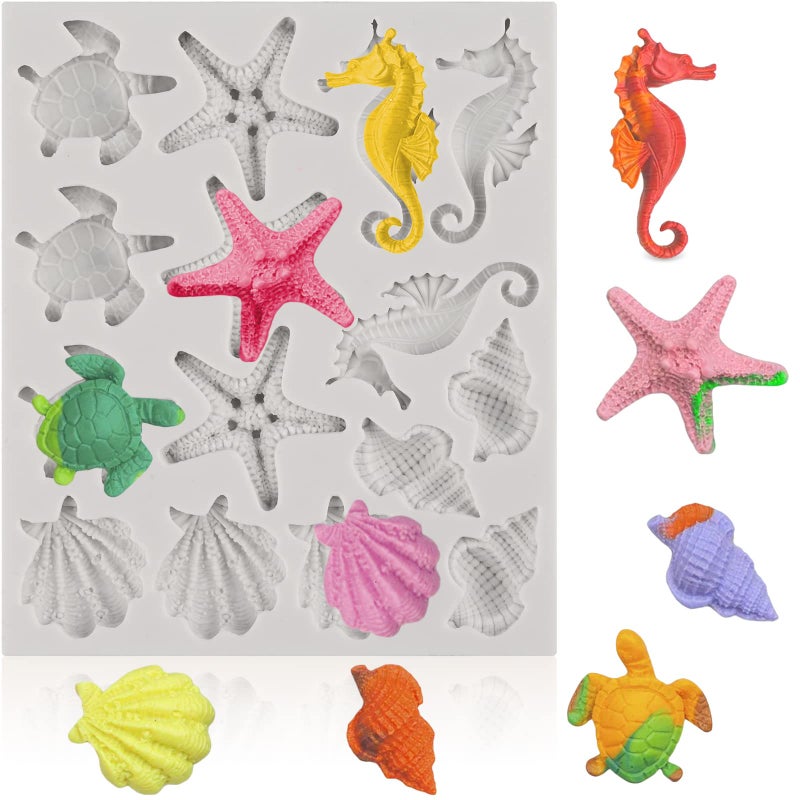 Sakolla Marine Theme Fondant Silicone Molds Seashell Conch Seahorse Starfish Tortoise Silicone Mold for Cake Decoration Chocolate Candy Sugar Craft