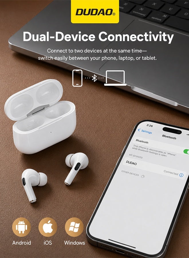 دوداو سماعات DUDAO U5S اللاسلكية بلوتوث 5.4 TWS داخل الأذن، تشغيل حتى 30 ساعة، اقتران تلقائي منبثق، كشف داخل الأذن، مكالمات HD بميكروفون مزدوج، تحكم باللمس، اتصال ثابت منخفض التأخير، شحن USB-C، لون أبيض للسفر والعمل والرياضة - Image 3