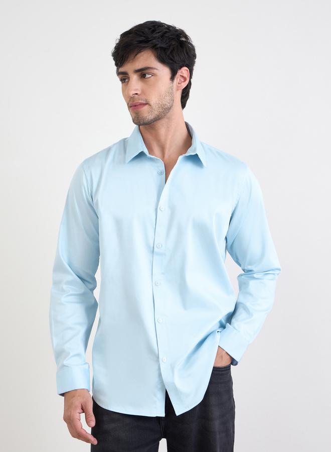 Styli Solid Cotton Lycra Slim Fit Spread Collar Shirt - Image 1