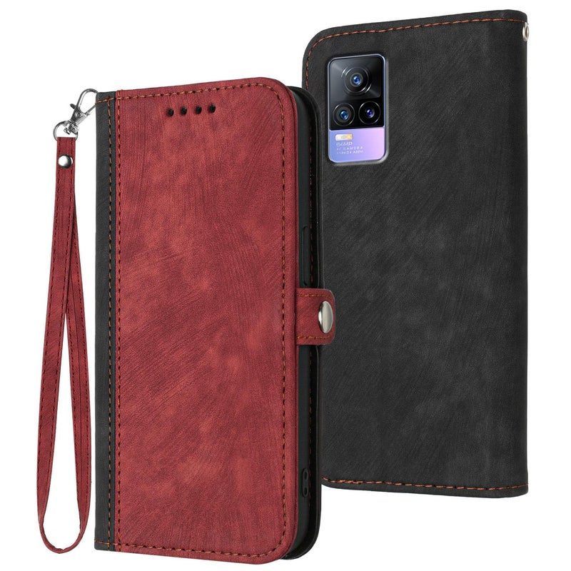 BURAQ Case Cover For vivo V21e 4G / Y73 2021 Side Buckle Double Fold Hand Strap Leather Phone Case(Red) - Image 1