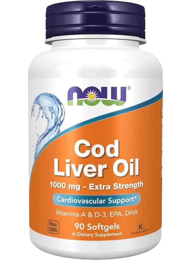 Now Supplements, Cod Liver Oil, Extra Strength 1,000 Mg With Vitamins A & D3, Epa, Dha, 90 Softgels - Image 1