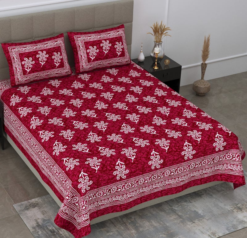 SheetKart 144 TC 100% Cotton Batik Printed Double Bedsheet with 2 Pillow Covers, Burgundy Red - Image 1